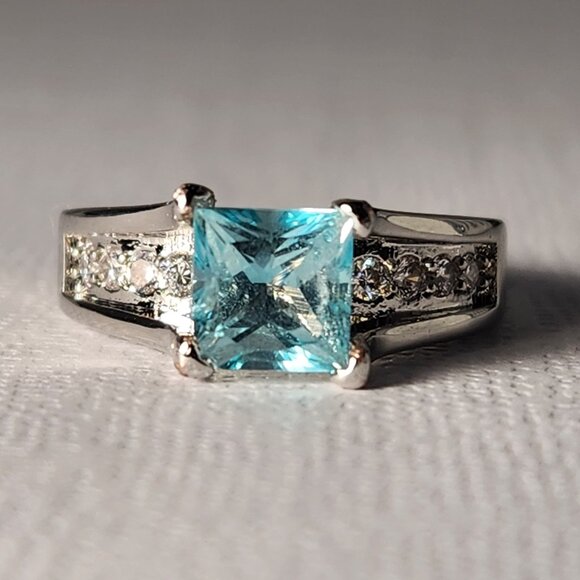 VTG 18K 925 Natural Square Princess Cut Swiss Blue Clean Thick Band Ring Sz 5 - Picture 11 of 16